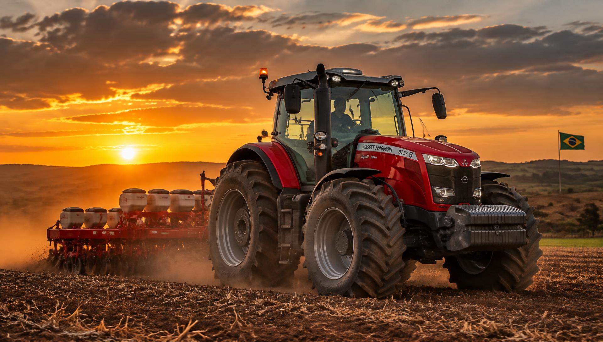 Trator agrícola trabalhando no campo ao pôr do sol